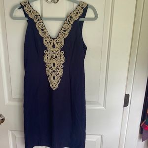 lilly pulitzer blue & gold embroidered dress